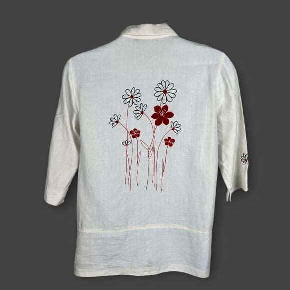 Norton McNaughton White Linen Floral Embroidered Button Collared Tunic Top XL - Picture 3 of 6